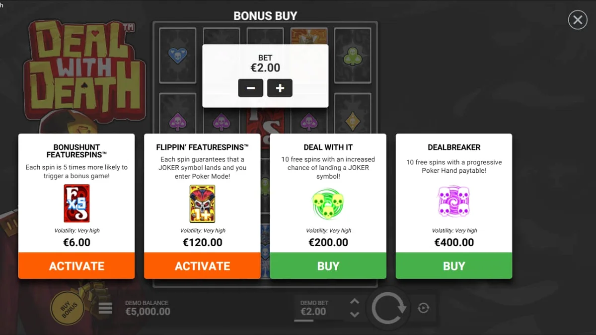 Ang futuristic at gothic na disenyo ng Deal With Death slot machine.