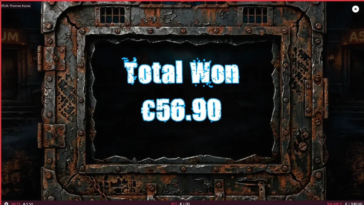 Phantom Asylum slot game interface na may madilim na tema ng mental institution