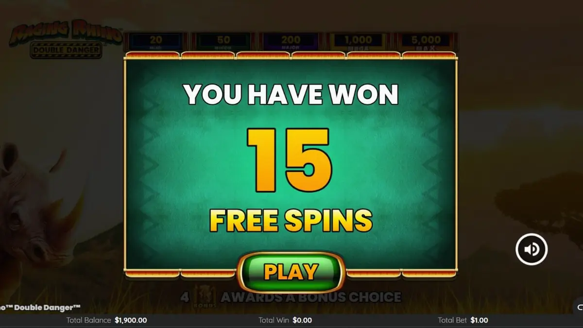 Raging Rhino Double Danger slot machine interface sa isang African savannah setting